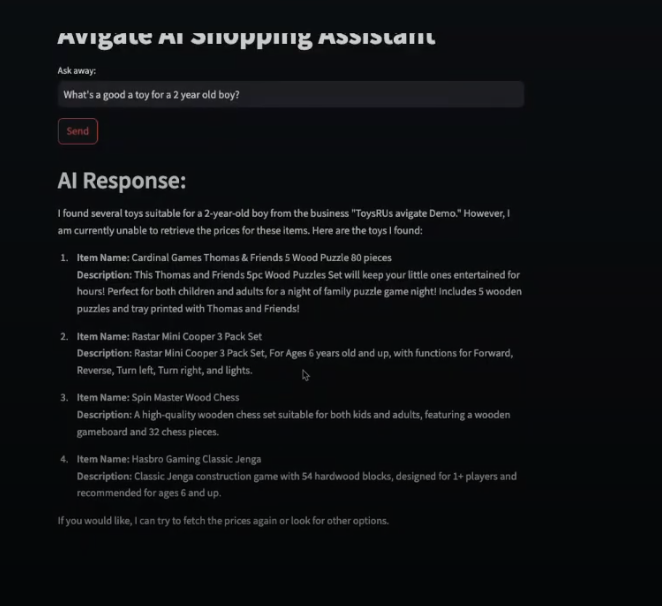 Screenshot of the Avigate AI Shopping Assistant answering 'What's a good toy for a 2 year old boy?' with a list of four recommended toys and descriptions
