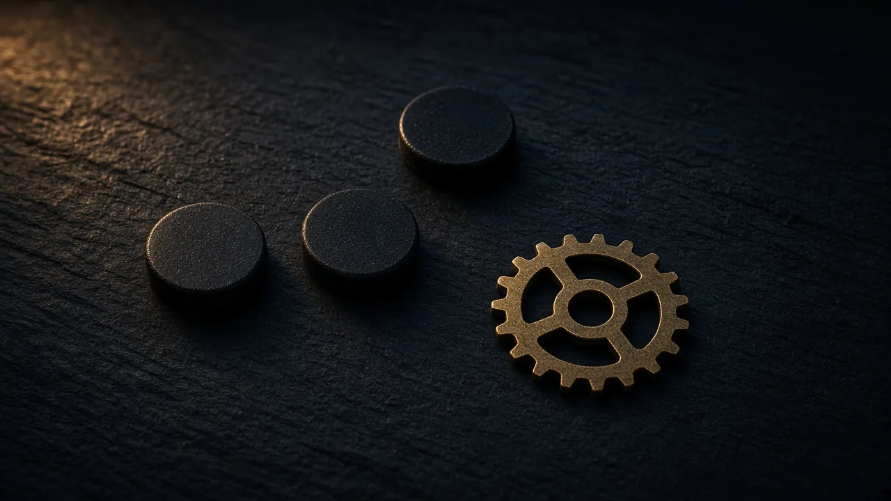 Three matte decision tokens and a small open gear on dark slate under amber side light, suggesting a shared open decision mechanism