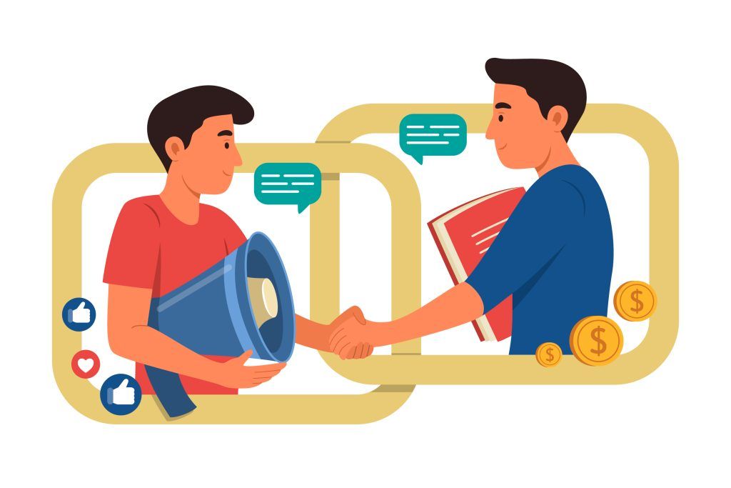 Illustration of two people shaking hands, one holding a megaphone with like and heart icons, the other holding a book, with dollar coins nearby