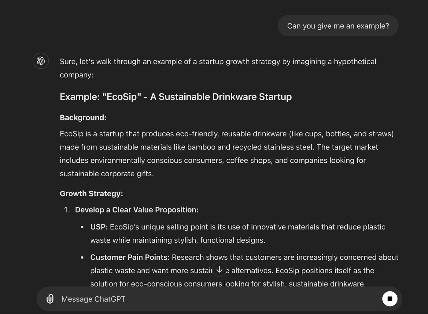 ChatGPT screenshot answering the follow-up prompt "Can you give me an example?" with a hypothetical "EcoSip" sustainable drinkware startup growth example