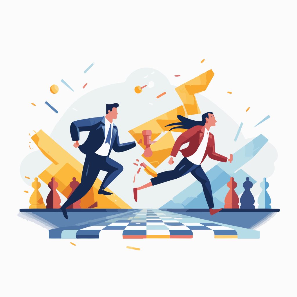 Illustration of two businesspeople racing across a chessboard, one dropping an hourglass, symbolizing competitive urgency in the market