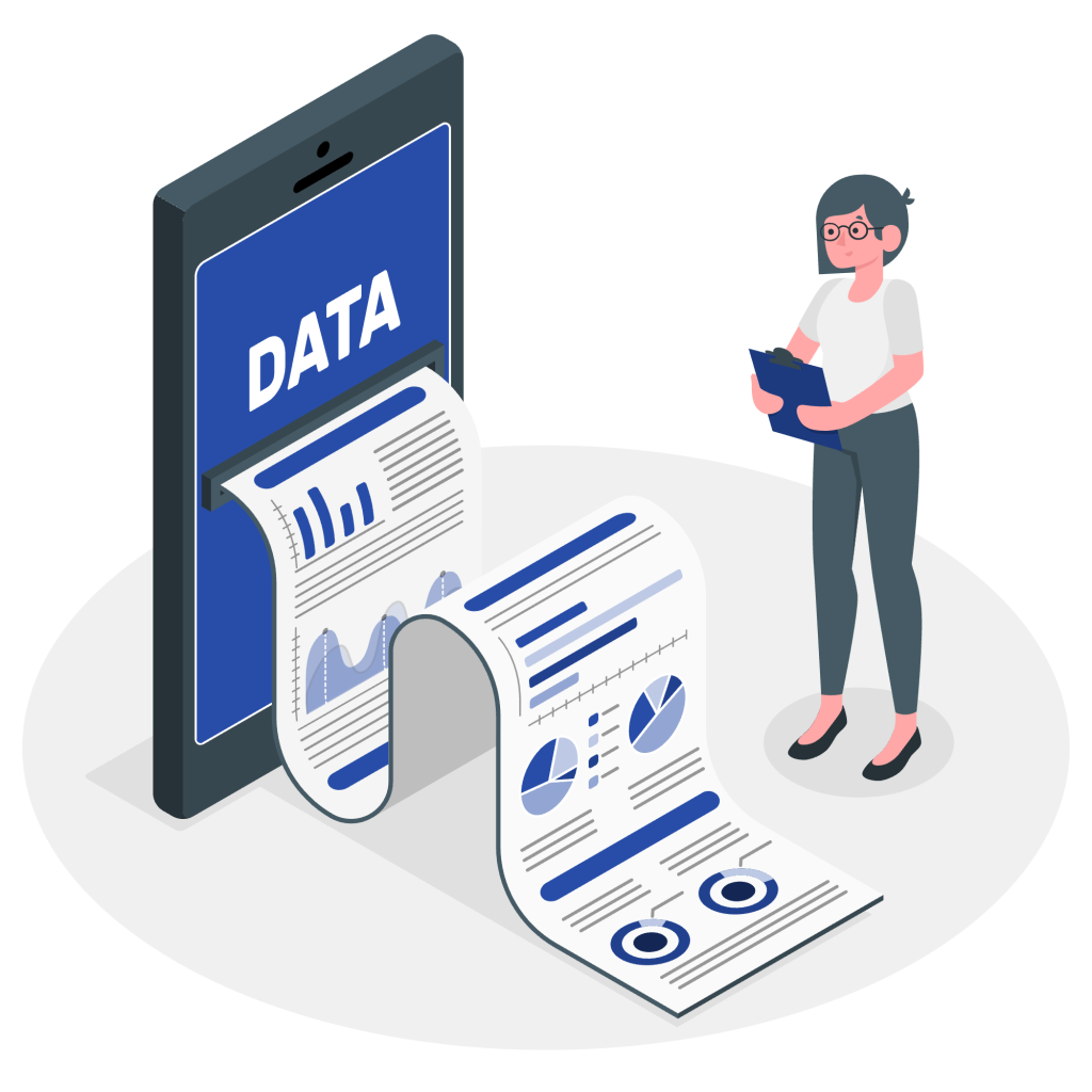 Illustration of a smartphone printing a long paper report covered in charts and graphs labeled DATA, next to a person holding a clipboard