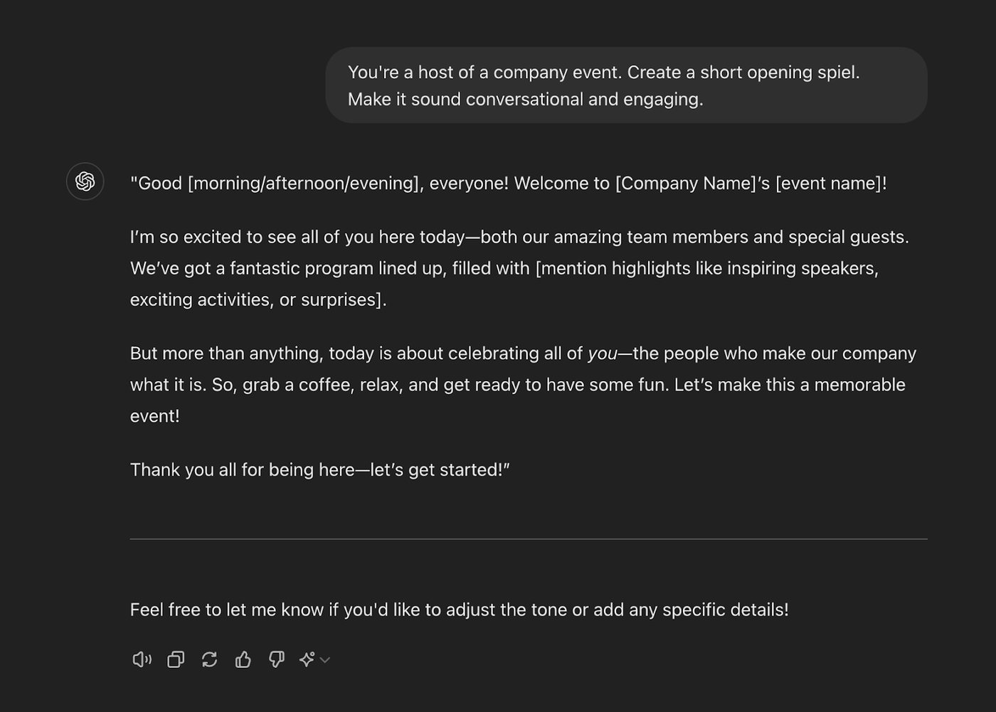 ChatGPT screenshot generating a conversational event-host opening spiel from a prompt that specifies tone and format
