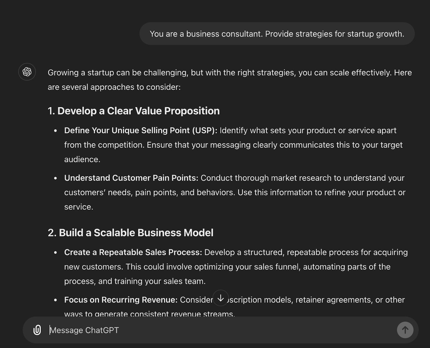 ChatGPT screenshot responding to the role-based prompt "You are a business consultant. Provide strategies for startup growth" with a numbered list of growth strategies