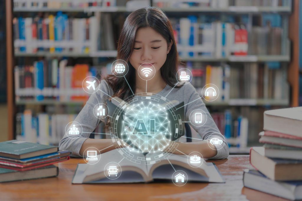 Stock photo of a student reading a book in a library with an AI icon overlay connected to icons for travel, wifi, printing, audio, devices, and more