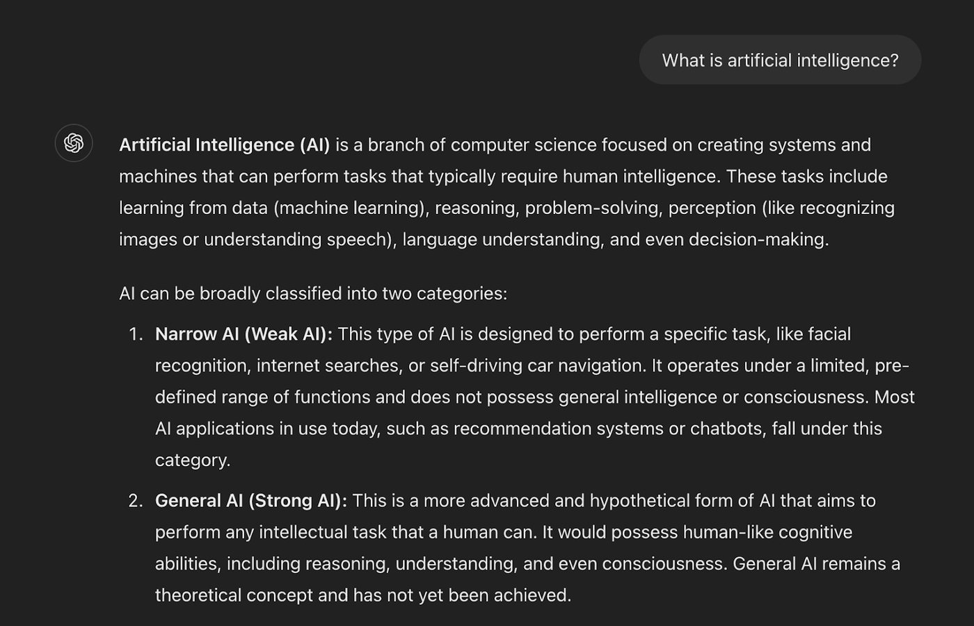 ChatGPT screenshot answering the vague question "What is artificial intelligence?" with a lengthy generic definition covering narrow AI and general AI