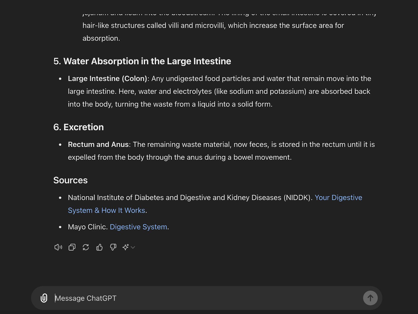 ChatGPT screenshot continuing the digestive system answer with steps for water absorption and excretion, followed by cited sources from NIDDK and Mayo Clinic