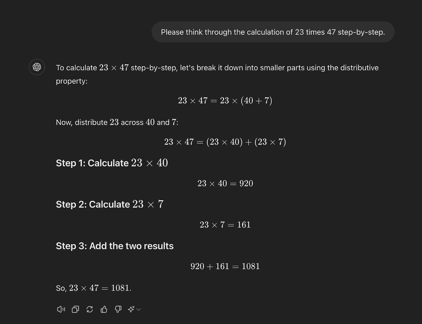 ChatGPT screenshot showing a step-by-step chain-of-thought calculation of 23 times 47 using the distributive property, arriving at 1,081