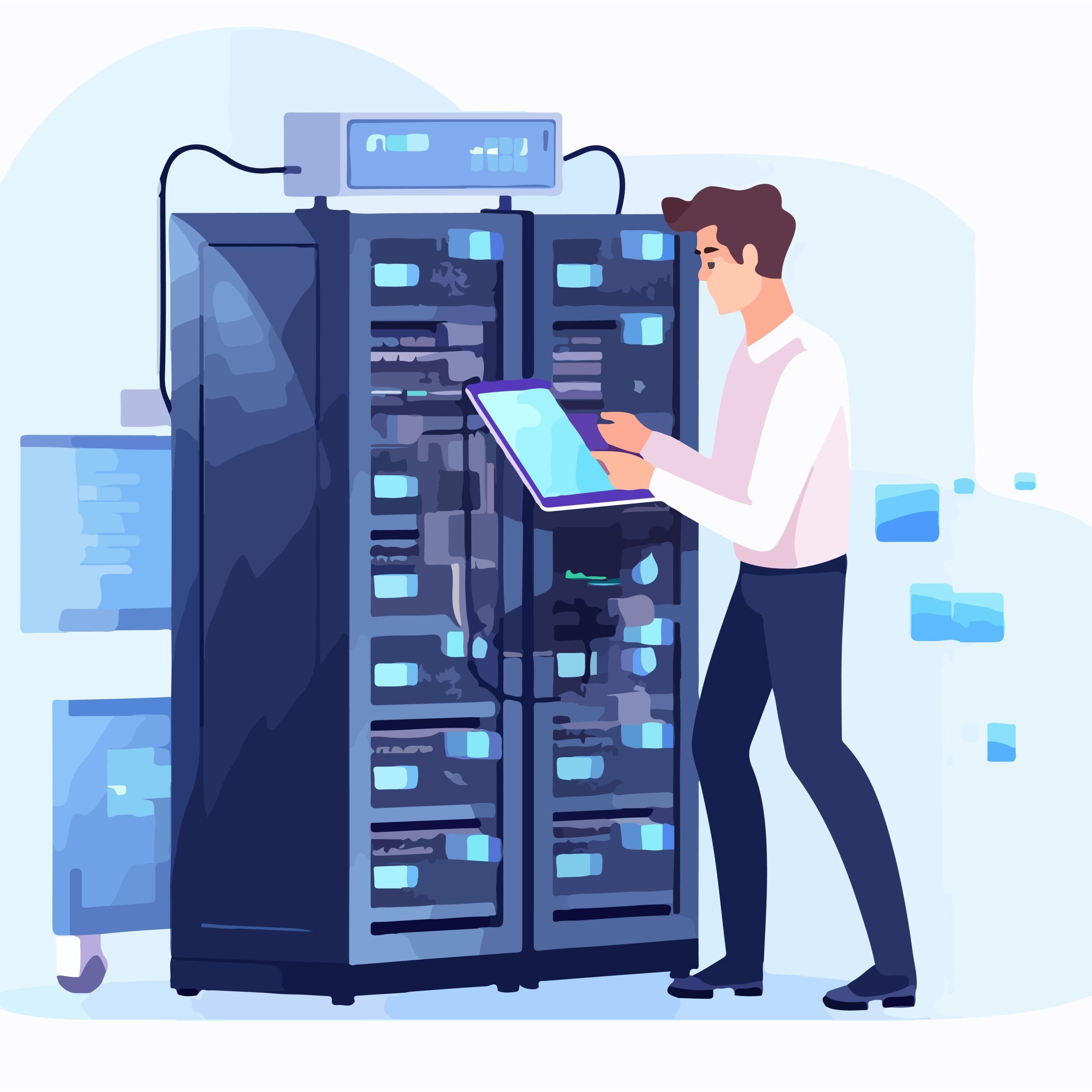 Illustration of a technician holding a tablet while inspecting a large server rack, representing AI compute infrastructure
