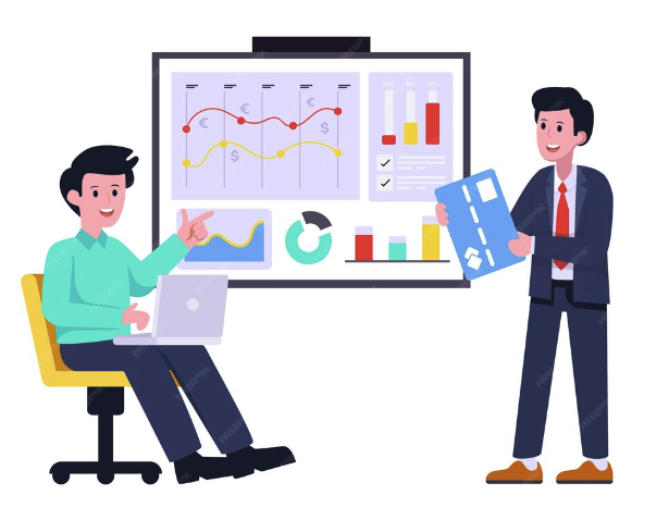 Stock illustration of a man at a laptop presenting charts and graphs on a whiteboard to another man holding a credit card