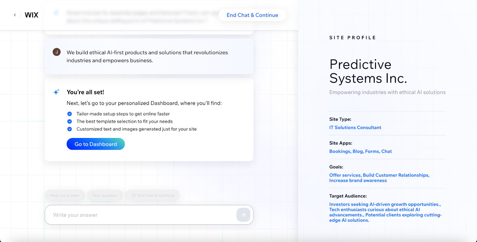 Wix AI setup chat showing a generated site profile for Predictive Systems Inc., listing site type, apps, goals, and target audience, with a 'Go to Dashboard' button