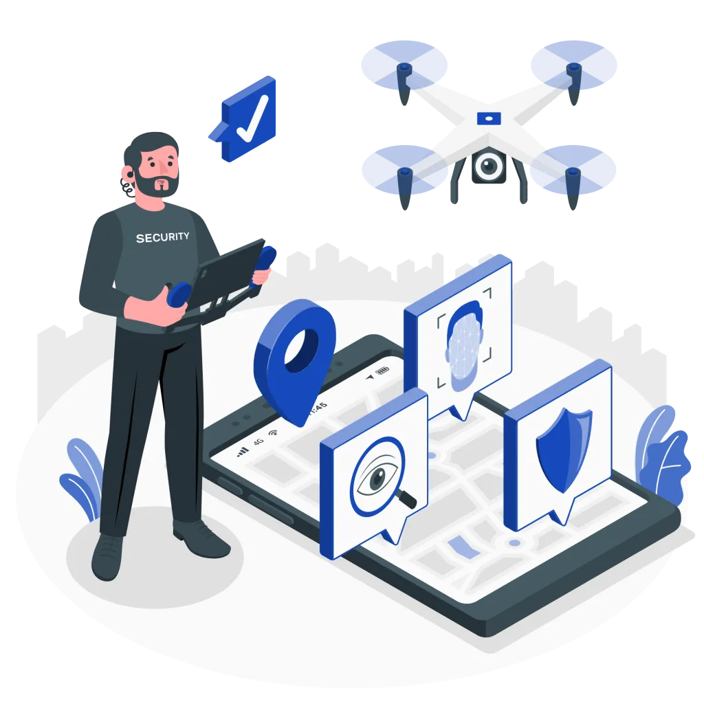 Illustration of a security guard holding a laptop beside a surveillance drone and a smartphone showing location, facial recognition, and shield security icons