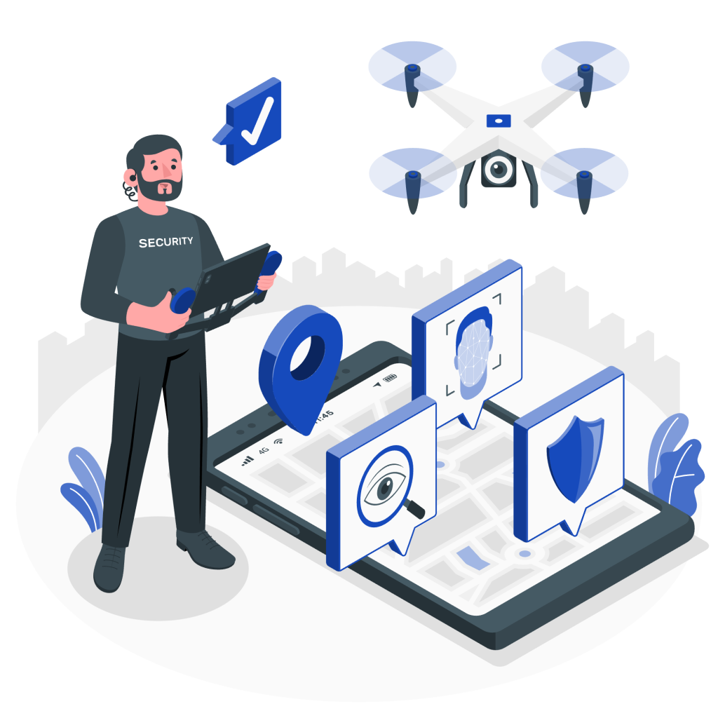 Illustration of a security guard holding a laptop beside a surveillance drone and a smartphone showing location, facial recognition, and shield security icons