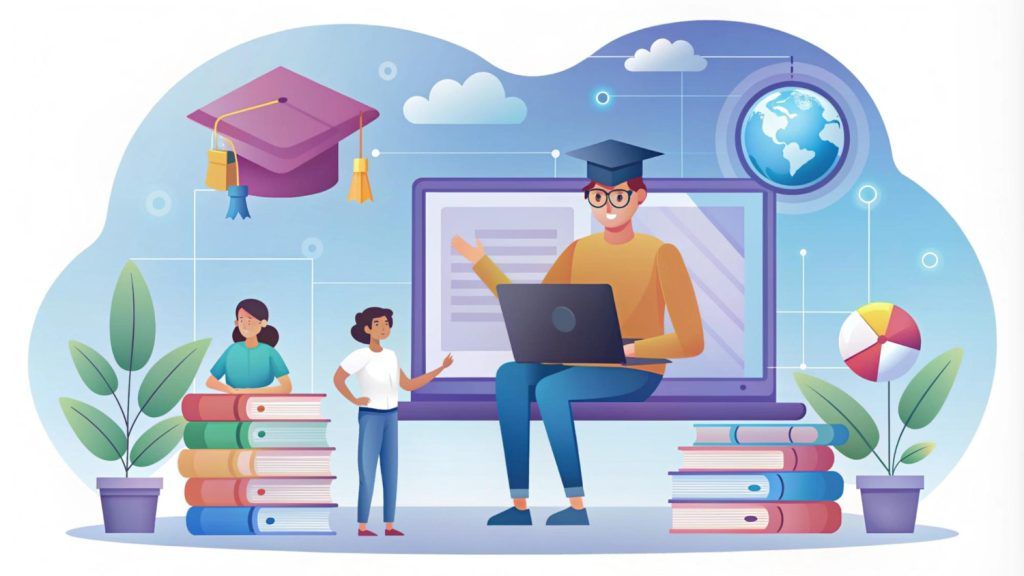 Illustration of a teacher sitting on a giant laptop screen wearing a graduation cap, with two students, stacked books, a globe, and a pie chart around them