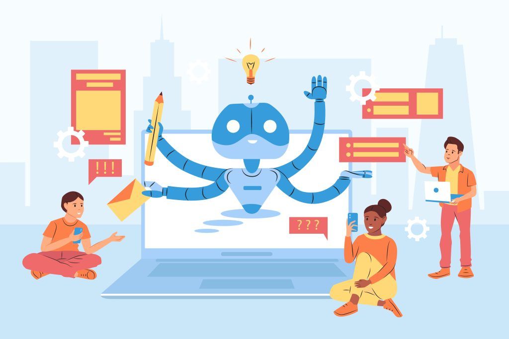Flat illustration of a multi-armed robot emerging from a laptop screen surrounded by three people holding phones and a laptop, with speech bubbles and question marks
