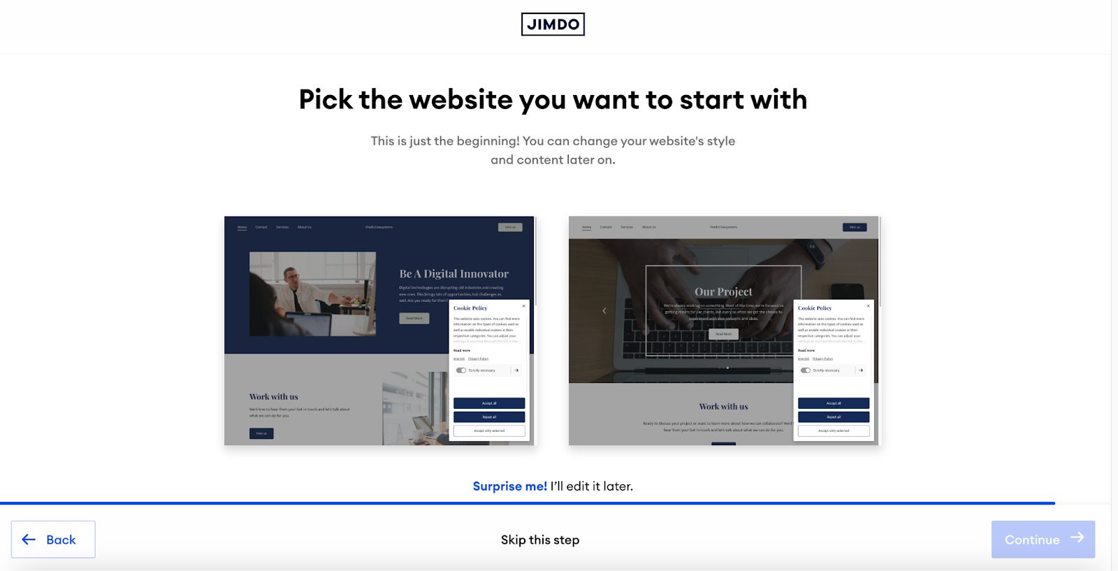 Jimdo AI website builder screen 'Pick the website you want to start with', showing two generated template previews with a cookie policy popup overlaying each