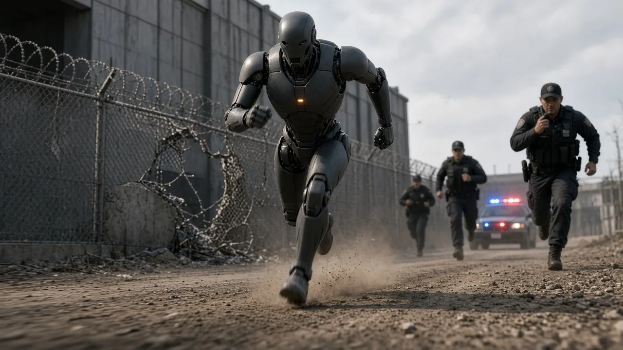 A humanoid robot runs toward the camera along a prison fence in daylight as police officers chase it
