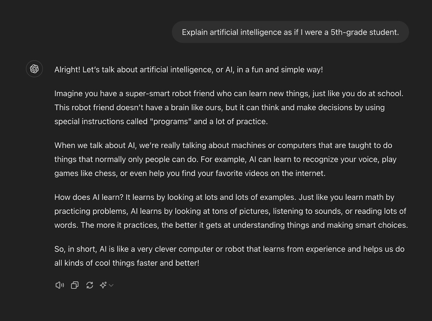 ChatGPT screenshot answering "Explain artificial intelligence as if I were a 5th-grade student" with a simplified robot-friend analogy