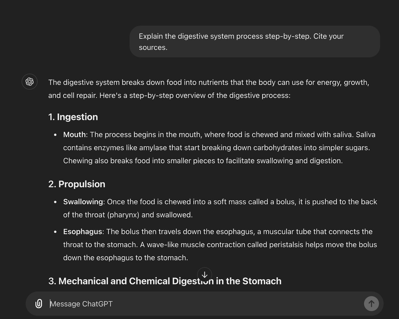 ChatGPT screenshot responding to "Explain the digestive system process step-by-step. Cite your sources" with the first steps, ingestion and propulsion